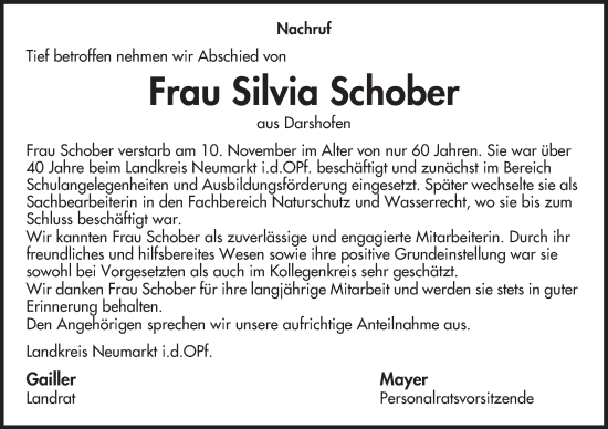 Traueranzeige von Silvia Schober von Neumarkter Tagblatt