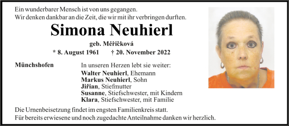  Traueranzeige für Simona Neuhierl vom 26.11.2022 aus Mittelbayerische Zeitung Schwandorf
