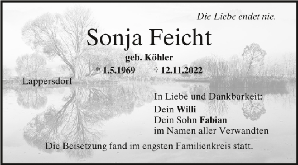  Traueranzeige für Sonja Feicht vom 26.11.2022 aus Mittelbayerische Zeitung Regensburg