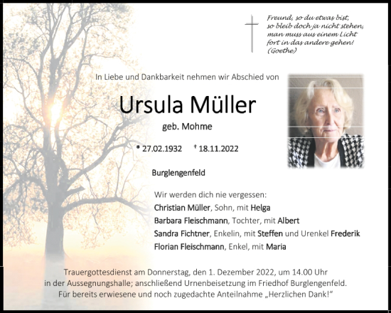 Traueranzeige von Ursula Müller von Mittelbayerische Zeitung Schwandorf