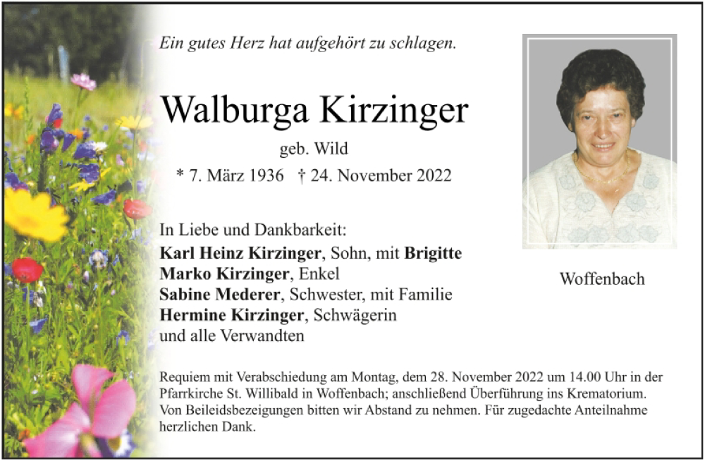  Traueranzeige für Walburga Kirzinger vom 26.11.2022 aus Neumarkter Tagblatt