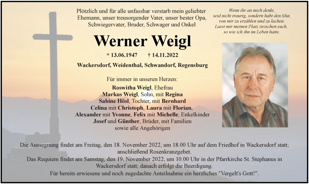  Traueranzeige für Werner Weigl vom 16.11.2022 aus Mittelbayerische Zeitung Schwandorf