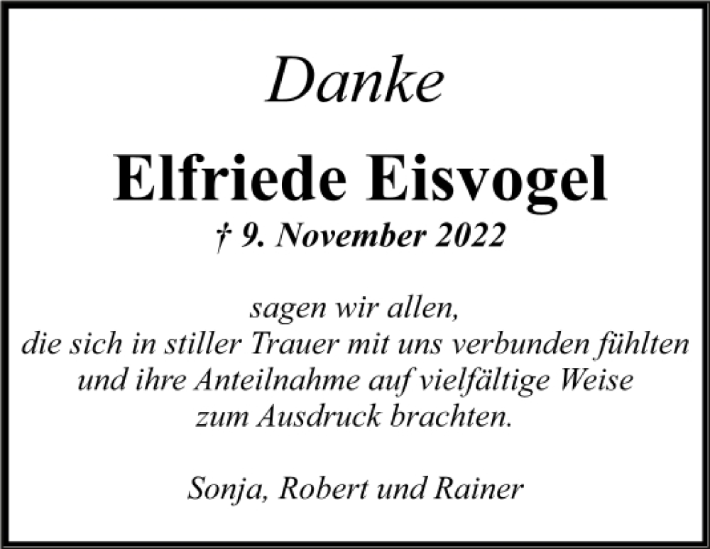  Traueranzeige für Elfriede Eisvogel vom 13.12.2022 aus Mittelbayerische Zeitung Kelheim