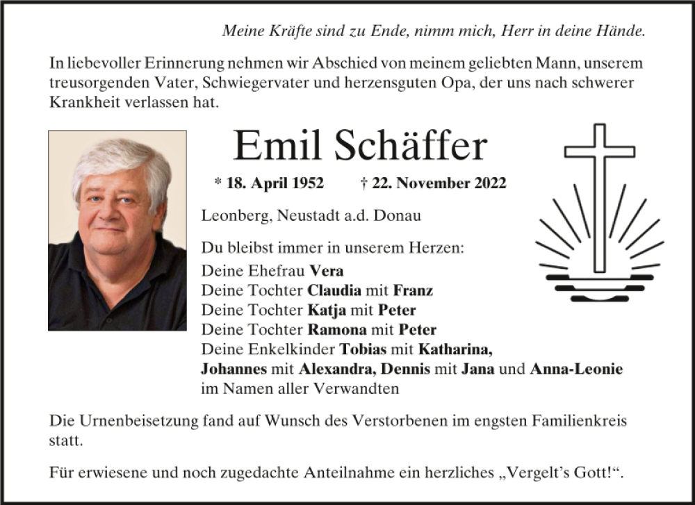  Traueranzeige für Emil Schäffer vom 10.12.2022 aus Mittelbayerische Zeitung Schwandorf