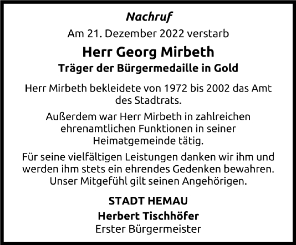  Traueranzeige für Georg Mirbeth vom 24.12.2022 aus Mittelbayerische Zeitung Regensburg