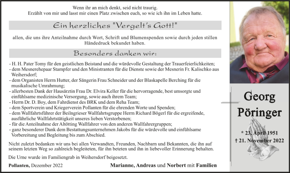  Traueranzeige für Georg Pöringer vom 09.12.2022 aus Neumarkter Tagblatt
