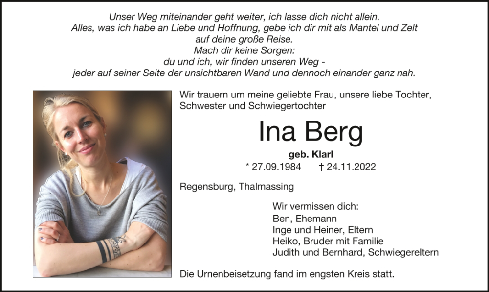  Traueranzeige für Ina Berg vom 10.12.2022 aus Mittelbayerische Zeitung Regensburg
