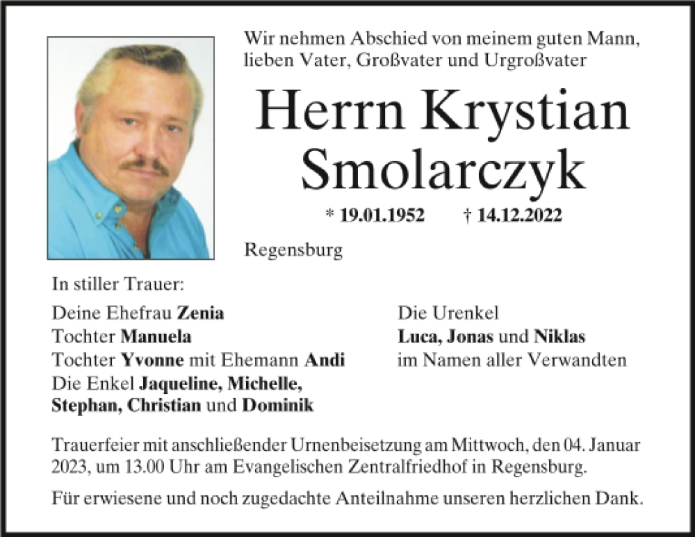  Traueranzeige für Krystian Smolarczyk vom 31.12.2022 aus Mittelbayerische Zeitung Regensburg