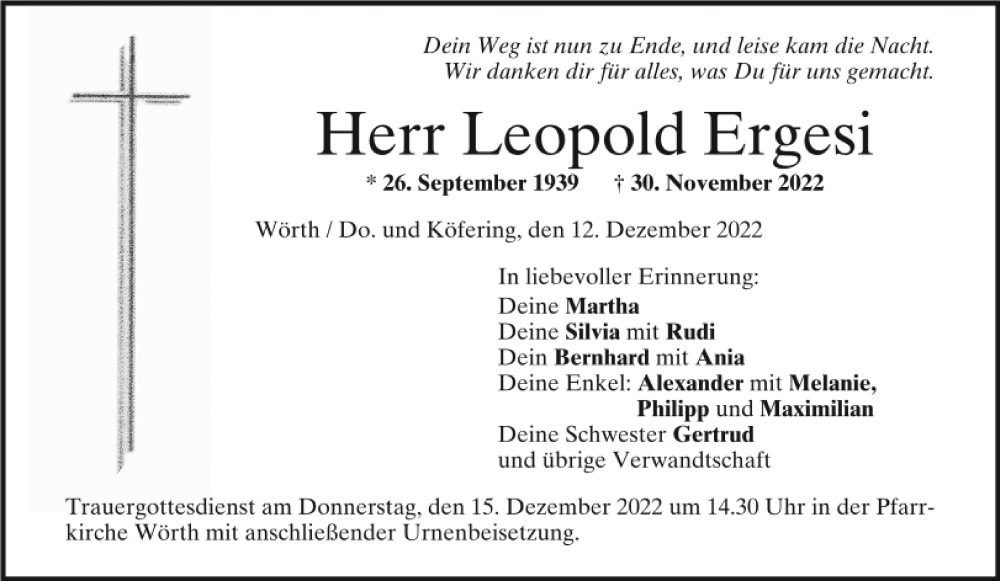  Traueranzeige für Leopold Ergesi vom 12.12.2022 aus Mittelbayerische Zeitung Regensburg
