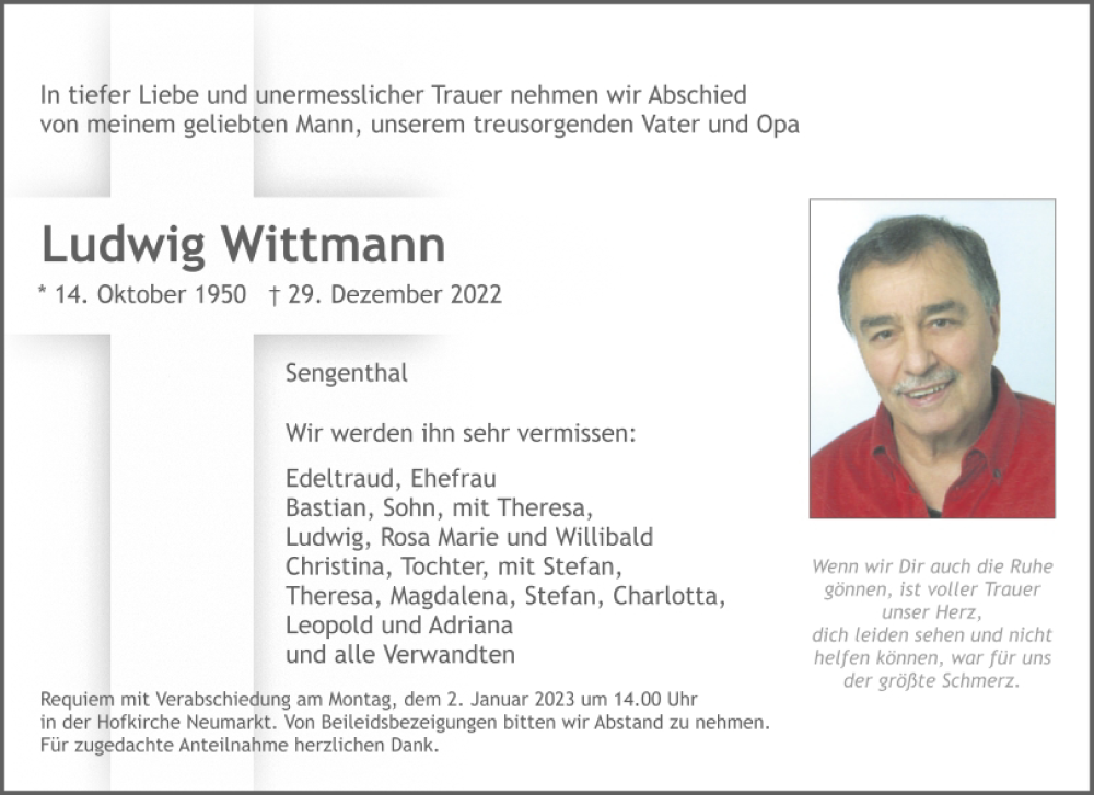  Traueranzeige für Ludwig Wittmann vom 31.12.2022 aus Neumarkter Tagblatt