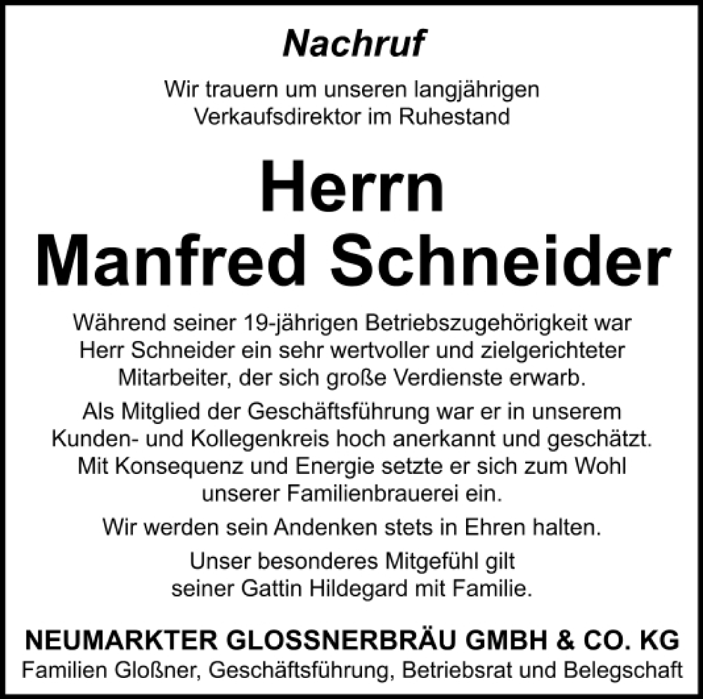  Traueranzeige für Manfred Schneider vom 06.12.2022 aus Neumarkter Tagblatt