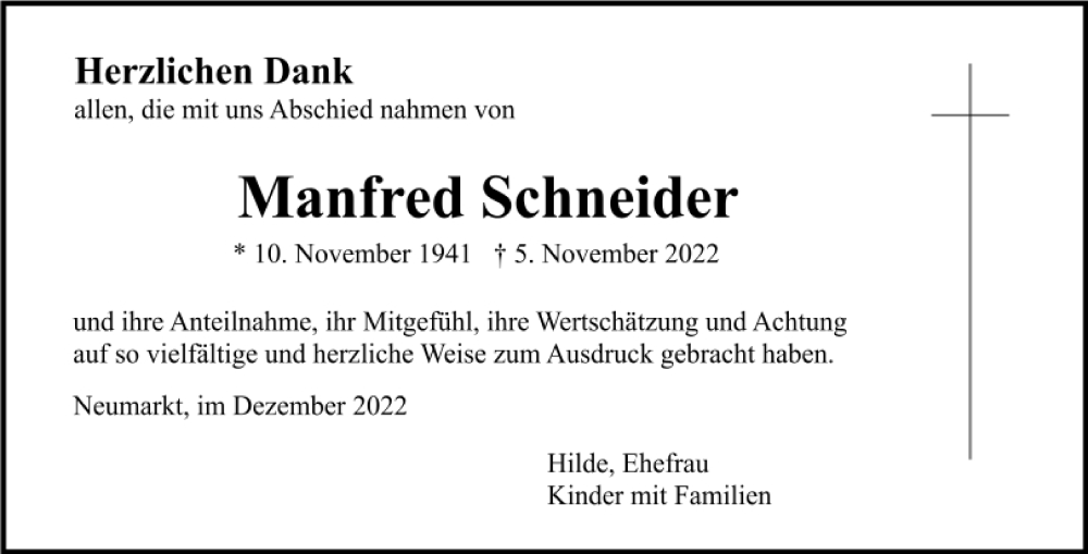  Traueranzeige für Manfred Schneider vom 10.12.2022 aus Neumarkter Tagblatt