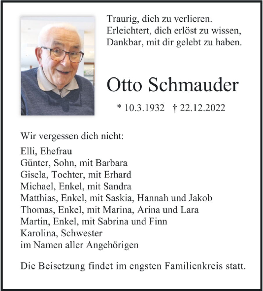  Traueranzeige für Otto Schmauder vom 31.12.2022 aus Mittelbayerische Zeitung Regensburg