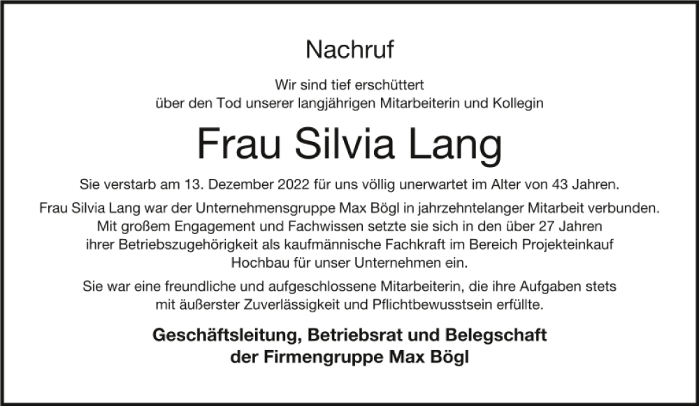  Traueranzeige für Silvia Lang vom 17.12.2022 aus Neumarkter Tagblatt