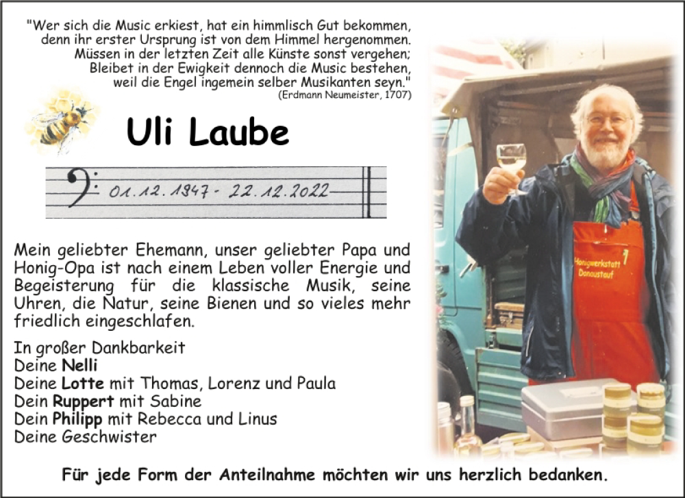  Traueranzeige für Uli Laube vom 27.12.2022 aus Mittelbayerische Zeitung Regensburg