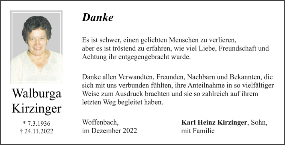  Traueranzeige für Walburga Kirzinger vom 17.12.2022 aus Neumarkter Tagblatt
