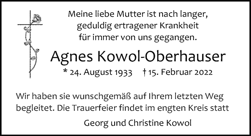  Traueranzeige für Agnes Kowol-Oberhauser vom 23.02.2022 aus Mittelbayerische Zeitung Regensburg