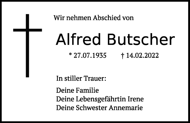  Traueranzeige für Alfred Butscher vom 19.02.2022 aus Mittelbayerische Zeitung Regensburg