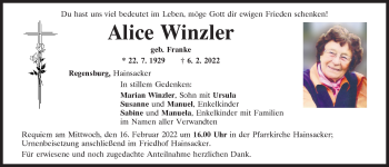 Traueranzeige von Alice Winzler von Mittelbayerische Zeitung Regensburg