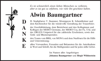 Traueranzeige von Alwin Baumgartner von Mittelbayerische Zeitung Kelheim