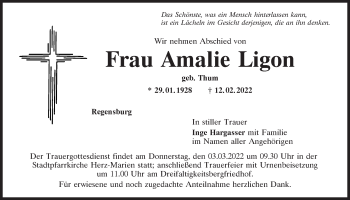 Traueranzeige von Amalie Ligon von Mittelbayerische Zeitung Regensburg