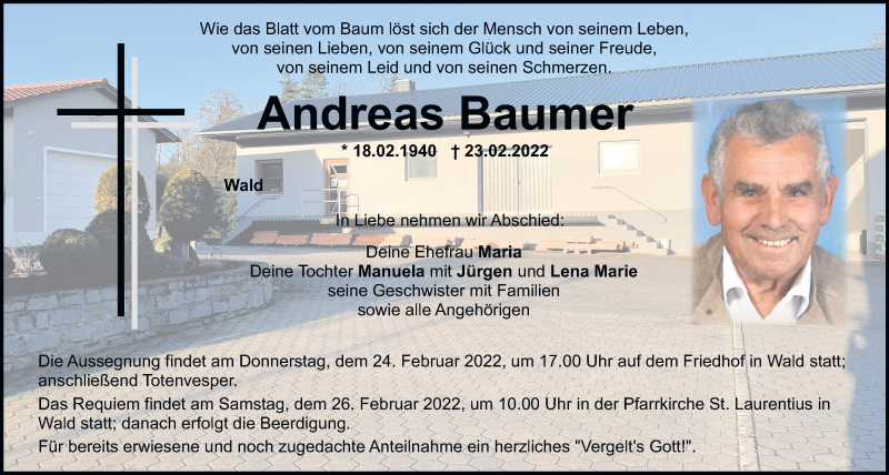  Traueranzeige für Andreas Baumer vom 24.02.2022 aus Mittelbayerische Zeitung Regensburg