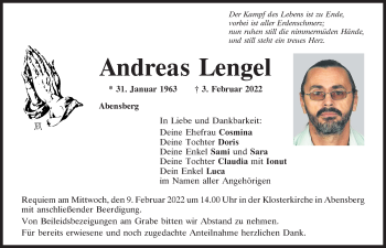 Traueranzeige von Andreas Lengel von Mittelbayerische Zeitung Kelheim