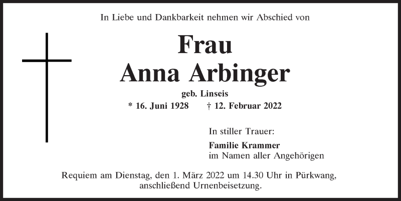  Traueranzeige für Anna Arbinger vom 23.02.2022 aus Mittelbayerische Zeitung Kelheim