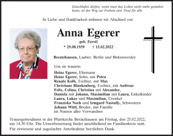 Traueranzeige von Anna Egerer von Mittelbayerische Zeitung Regensburg