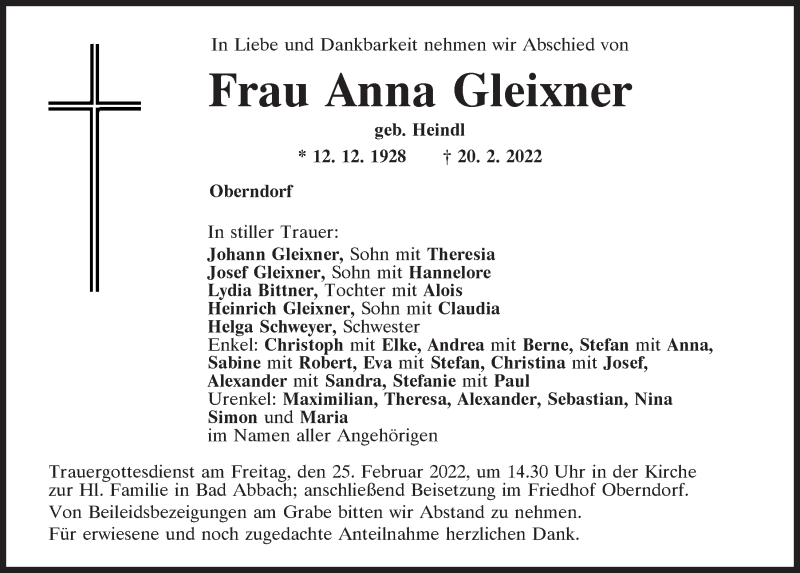  Traueranzeige für Anna Gleixner vom 23.02.2022 aus Mittelbayerische Zeitung Regensburg