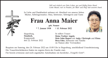 Traueranzeige von Anna Maier von Mittelbayerische Zeitung Kelheim