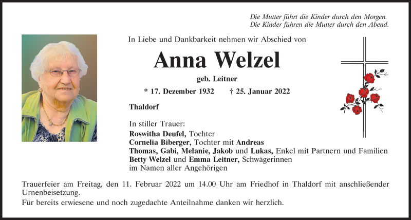  Traueranzeige für Anna Welzel vom 09.02.2022 aus Mittelbayerische Zeitung Kelheim