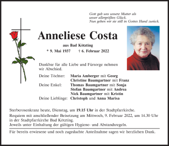 Traueranzeige von Anneliese Costa von Bayerwald Echo