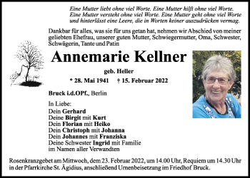 Traueranzeige von Annemarie Kellner von Mittelbayerische Zeitung Schwandorf