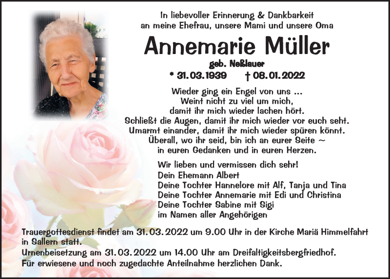  Traueranzeige für Annemarie Müller vom 05.02.2022 aus Mittelbayerische Zeitung Regensburg