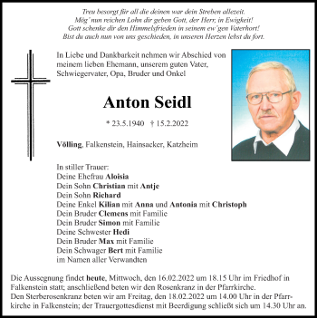 Traueranzeige von Anton Seidl von Bayerwald Echo