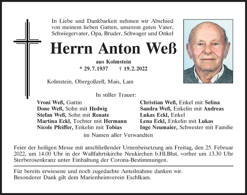  Traueranzeige für Anton Weß vom 23.02.2022 aus Bayerwald Echo