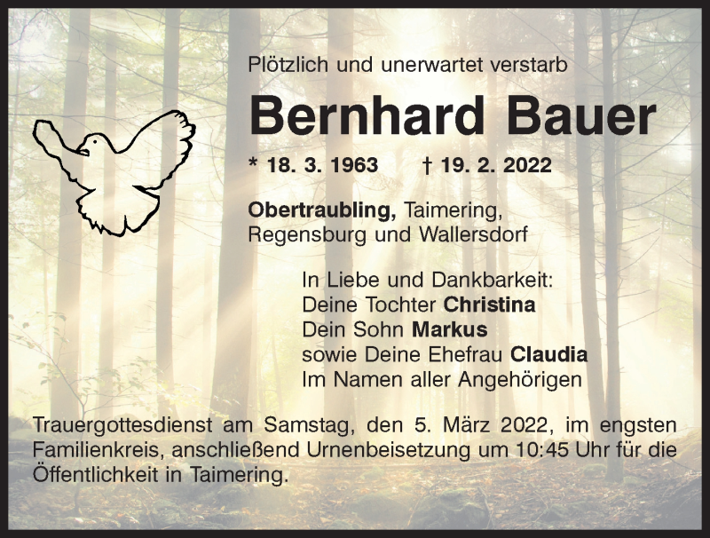  Traueranzeige für Bernhard Bauer vom 26.02.2022 aus Mittelbayerische Zeitung Regensburg