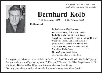 Traueranzeige von Bernhard Kolb von Mittelbayerische Zeitung Kelheim