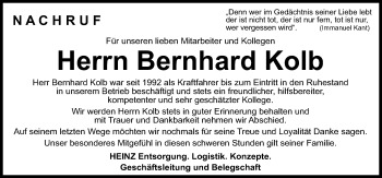 Traueranzeige von Bernhard Kolb von Mittelbayerische Zeitung Kelheim