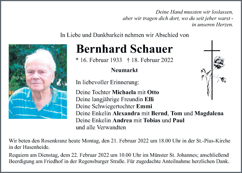  Traueranzeige für Bernhard Schauer vom 21.02.2022 aus Neumarkter Tagblatt