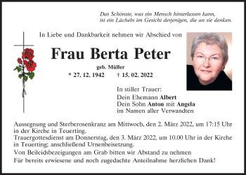 Traueranzeige von Berta Peter von Mittelbayerische Zeitung Kelheim