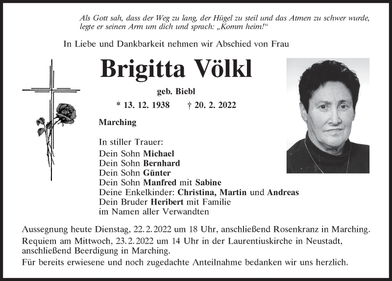  Traueranzeige für Brigitta Völkl vom 22.02.2022 aus Mittelbayerische Zeitung Kelheim