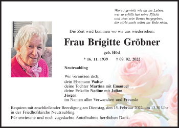 Traueranzeige von Brigitte Gröbner von Mittelbayerische Zeitung Regensburg