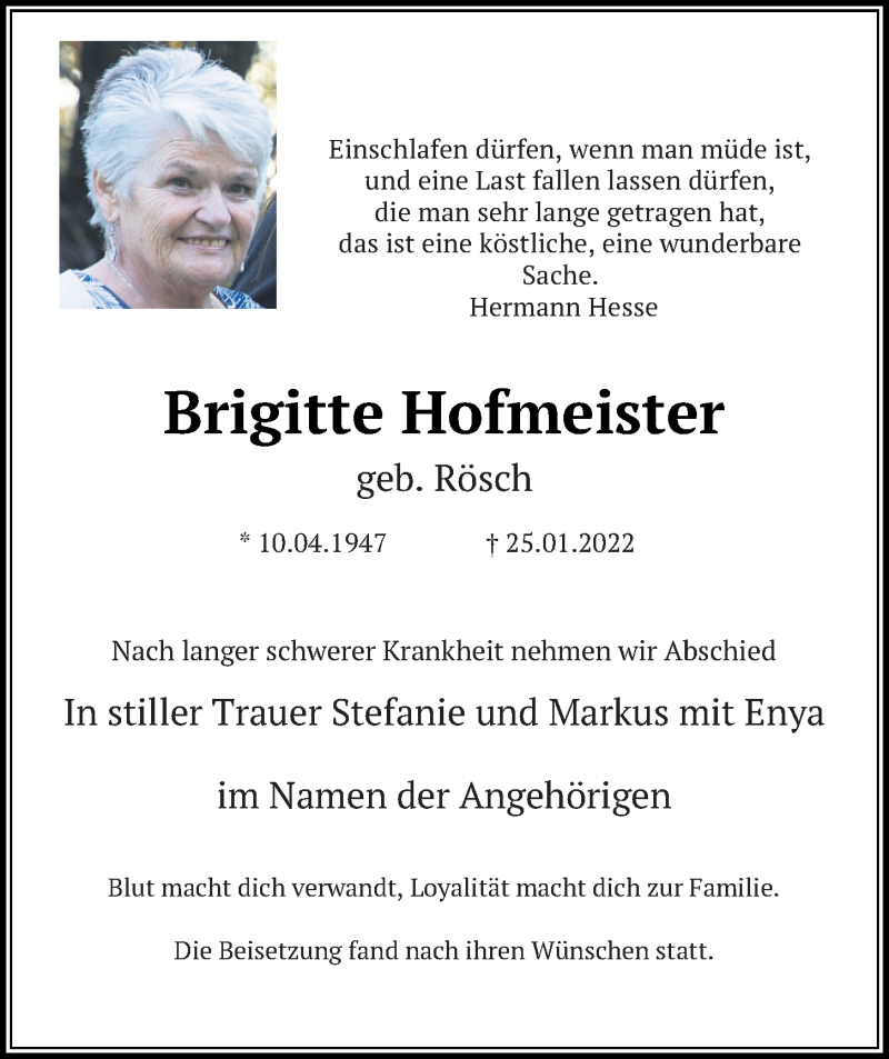  Traueranzeige für Brigitte Hofmeister vom 05.02.2022 aus Mittelbayerische Zeitung Kelheim