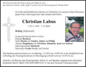 Traueranzeige von Christian Labus von Bayerwald Echo