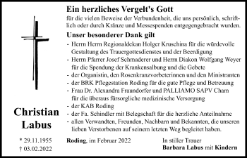 Traueranzeige von Christian Labus von Bayerwald Echo