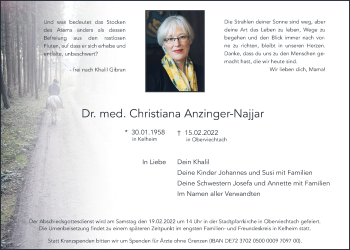 Traueranzeige von Christiana Anzinger-Najjar von Neumarkter Tagblatt