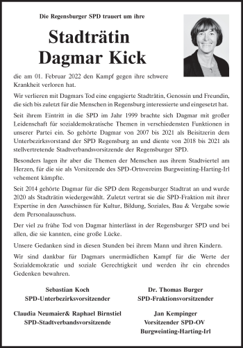 Traueranzeige von Dagmar Kick von Mittelbayerische Zeitung Regensburg