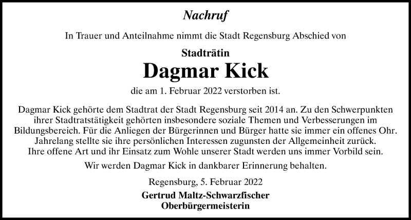  Traueranzeige für Dagmar Kick vom 05.02.2022 aus Mittelbayerische Zeitung Regensburg